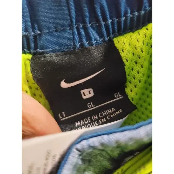 Nike Men Blue Polyester Pull On Drawstring Swim Trunk Logo Print Shorts Size LT